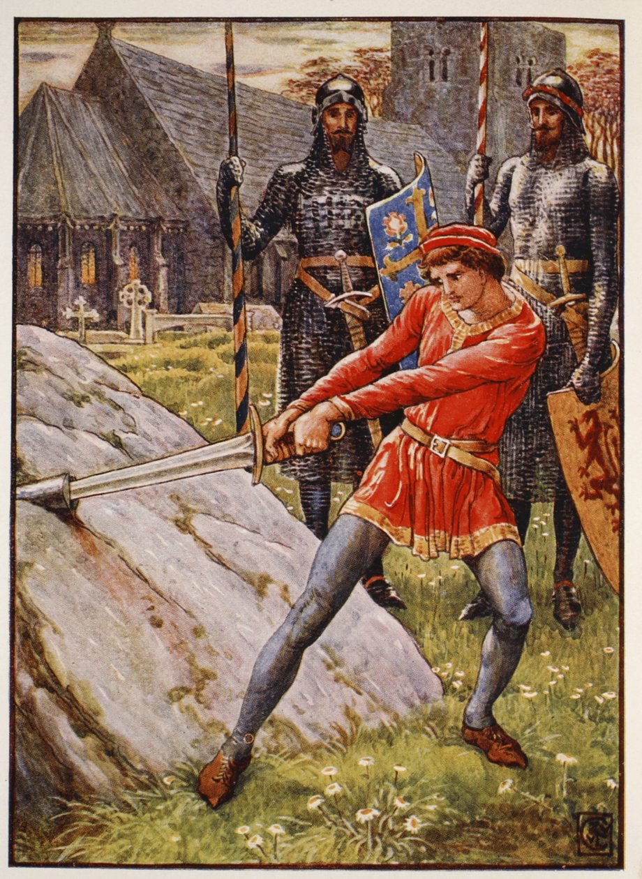 Arthur előveszi a kardot a kőből, Henry Gilbert „A Kerekasztal Lovagjai történetei” című művének előlapja, első kiadás, 1911 alkotó: Walter Crane