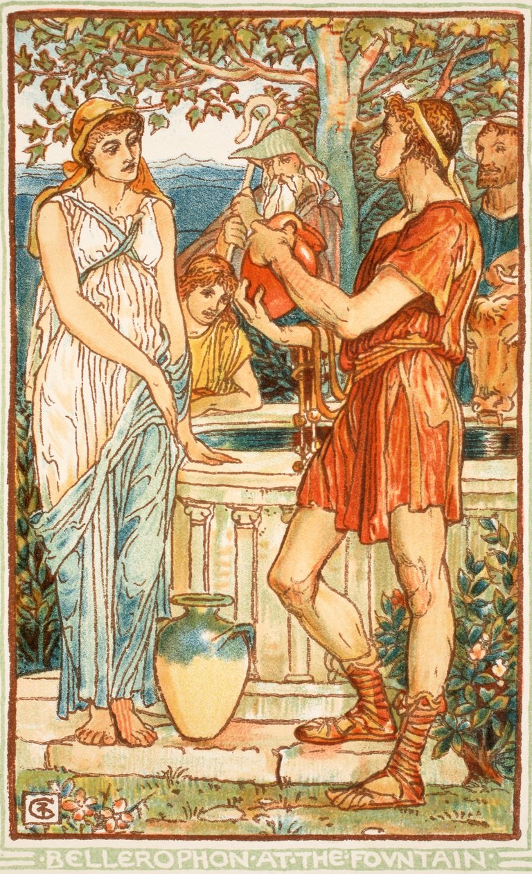 Bellerophon a szökőkútnál, illusztráció Nathaniel Hawthorne „A csodakönyv lányoknak és fiúknak” című művéből, 1852 alkotó: Walter Crane