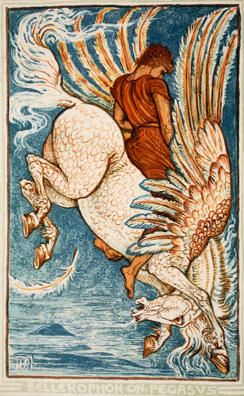 Bellerophon on Pegasus, illusztráció Nathaniel Hawthorne „A csodakönyv lányoknak és fiúknak” című művéből, 1852 alkotó: Walter Crane