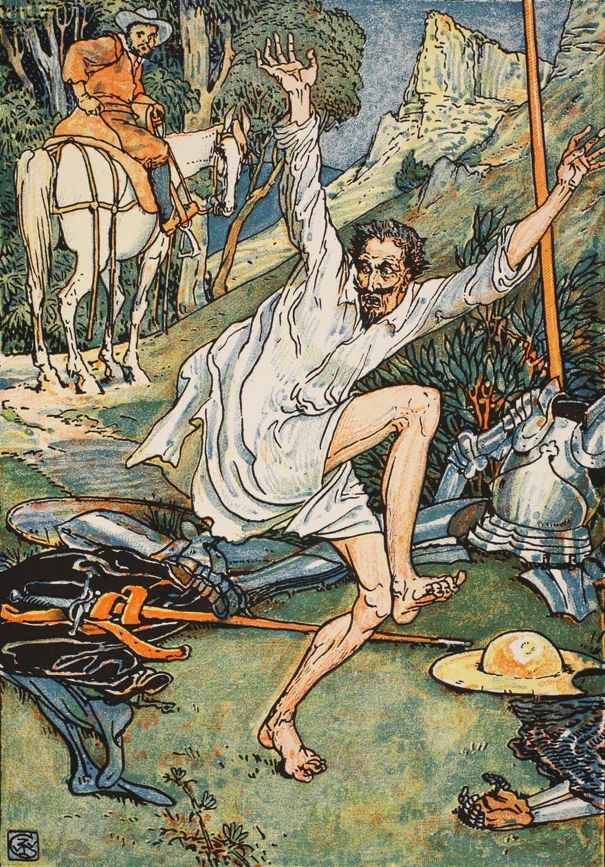 Don Quijote bűnbánatot végez, illusztráció a "Don Quijote a Mancha"-ból, amelyet Parry bíró újra elmesélt, pub. Blackie und Son Ltd, London, 1900 alkotó: Walter Crane