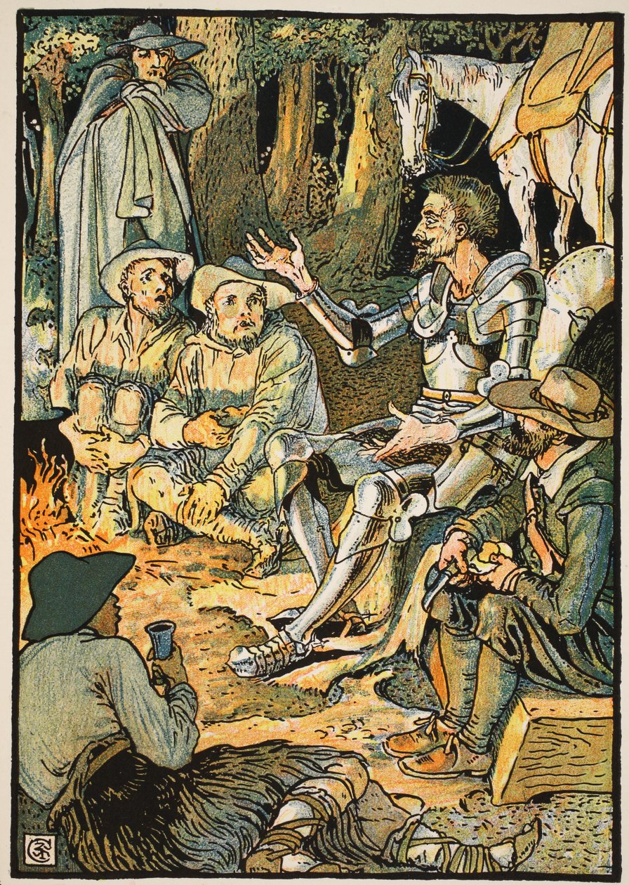 Don Quijote és a kecskepásztorok, illusztráció a "Don Quijote of the Mancha" című műből, Parry bíró újragondolása, kiad. Blackie und Son Ltd, London, 1900 alkotó: Walter Crane