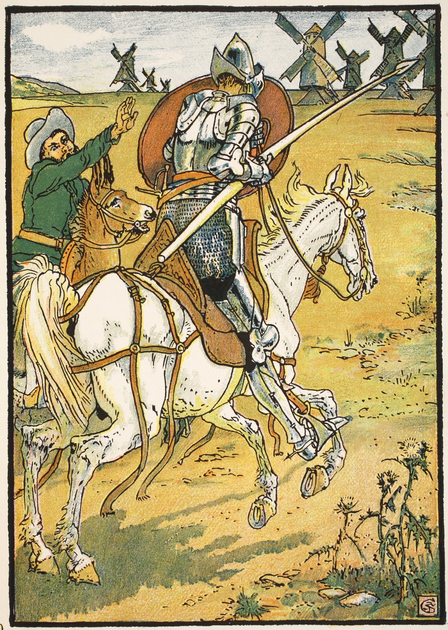 Don Quijote és a szélmalmok, illusztráció a "Don Quijote a Mancha"-ból, amelyet Parry bíró újra elmesélt, pub. Blackie und Son Ltd, London, 1900 alkotó: Walter Crane