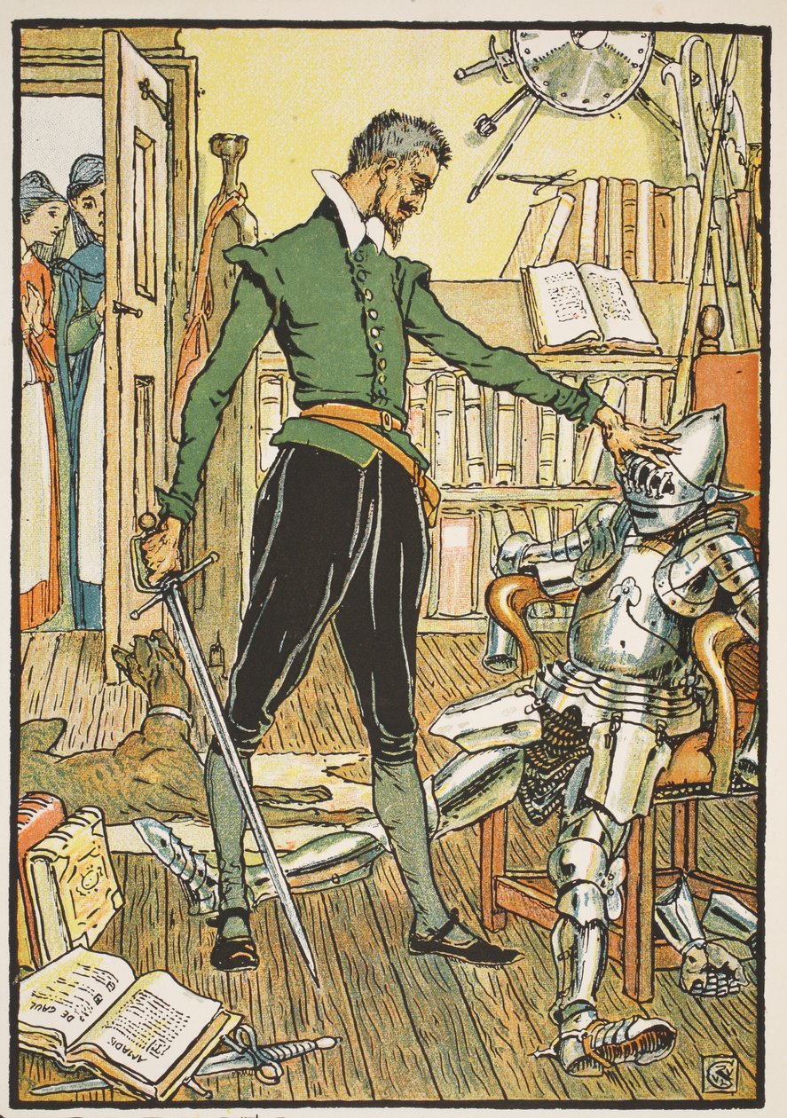 Don Quijote teszteli a sisakját, illusztráció a "Don Quijote a Mancha"-ból, amelyet Parry bíró újra elmesélt, pub. Blackie und Son Ltd., London, 1900 alkotó: Walter Crane
