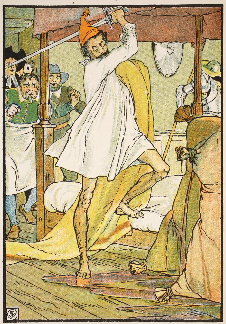Don Quijote rendkívüli csatája, illusztráció a "Don Quijote of the Mancha" című könyvből, Parry bíró újragondolva, kiad. Blackie und Son Ltd, London, 1900 alkotó: Walter Crane