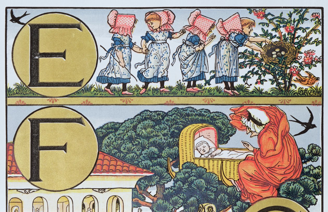 E-F, mondókákon alapuló ábécéből (színes gravírozás) alkotó: Walter Crane