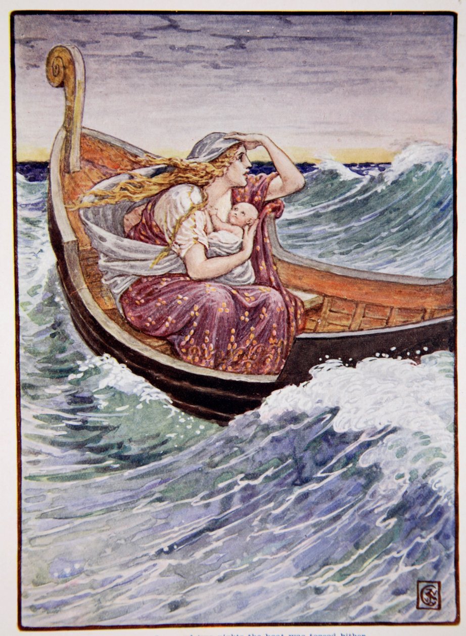 Két napon és két éjszakán át ide-oda hánykolódott a csónak, illusztráció a Mary Macgregor "Görögország története" című művéből, 1. kiadás, 1913 (színes nyomtatás) alkotó: Walter Crane