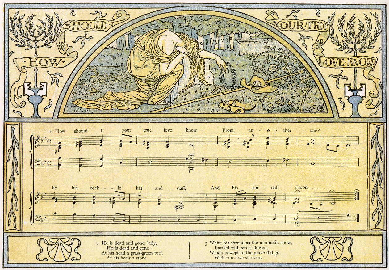 „Hogyan tudhatnám meg az igazi szerelmed”, Ophelia dala a „Hamlet”-ből, IV. felvonás, 5. jelenet, illusztráció a „Pan-Pipes”-ből, Régi dalok könyve, Theo újonnan hangszerelve és kísérettel. Marzials, publis alkotó: Walter Crane