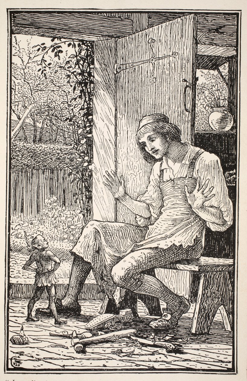 Azonnal egy apró lény ugrott ki a lábánál lévő bőrdarabok alól, és karjait telibe tette, goblin nevetve nevetett a döbbent Taffy arcába, illusztráció a „Mrs Burton Harrison” című művéből. alkotó: Walter Crane