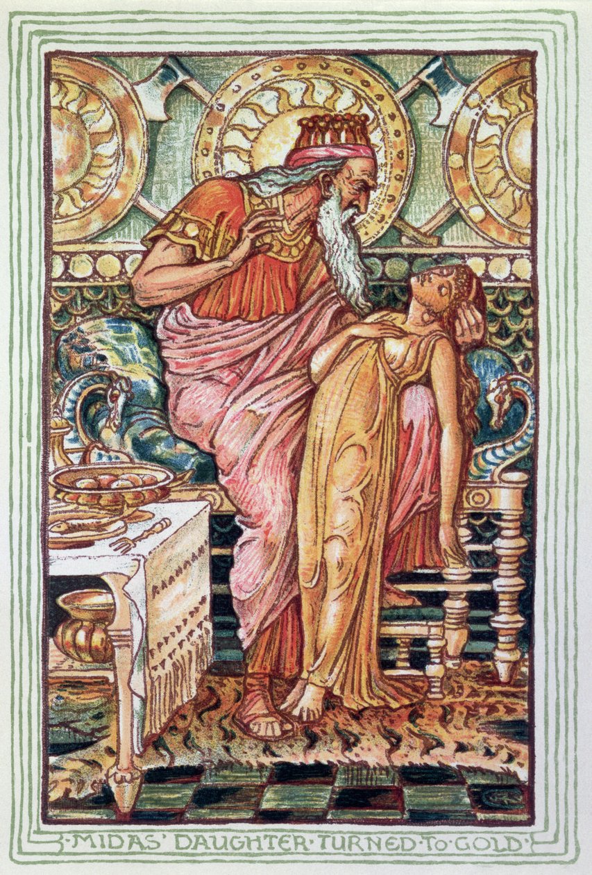 Midas király és lánya arannyá változott, illusztráció a The Greek Mythological Legend című könyvből, amely 1910-ben jelent meg Londonban alkotó: Walter Crane