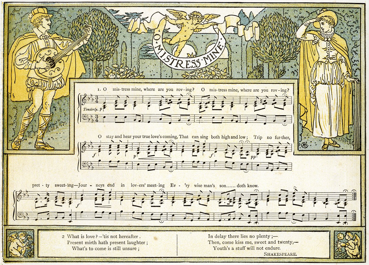 „O Mistress Mine, Where Are You Roving”, dal a „Tizenkettedik éjszaka”-ból, II. felvonás, III. jelenet, illusztráció a „Pan-Pipes”-ből, Régi dalok könyve, Theo újonnan hangszerelve és kísérettel. Marzials, pu alkotó: Walter Crane