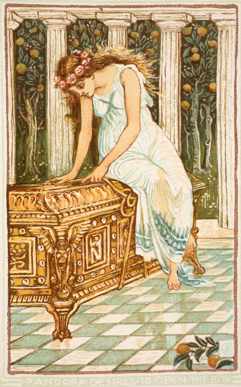 Pandora ki akarja nyitni a szelencét, illusztrációja Nathanial Hawthorne „A Wonder-Book for Girls and Boys” című művéből, 1852 alkotó: Walter Crane