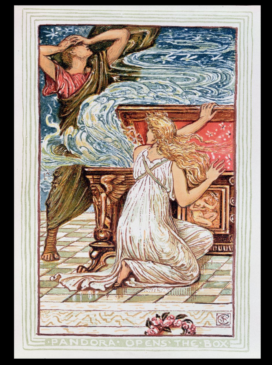 Pandora kinyitja a szelencét, az 1910-ben megjelent „A görög mitológiai legenda” illusztrációja alkotó: Walter Crane