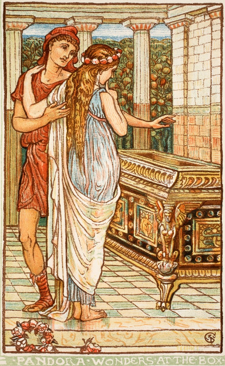 Pandora rácsodálkozik a dobozra, illusztráció Nathanial Hawthorne „A csodakönyv lányoknak és fiúknak” című művéből, 1852 alkotó: Walter Crane