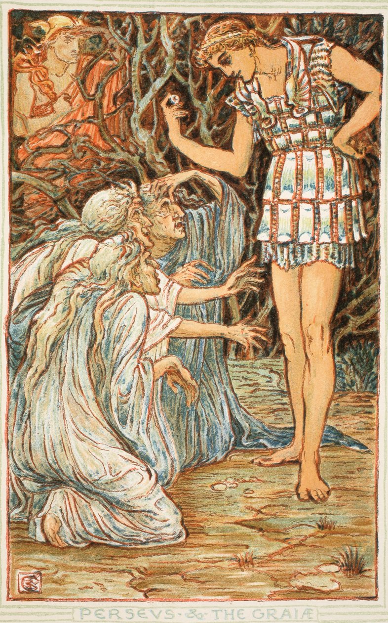 Perseus és a Graia, illusztráció Nathaniel Hawthorne „A csodakönyv lányoknak és fiúknak” című művéből, 1852 alkotó: Walter Crane