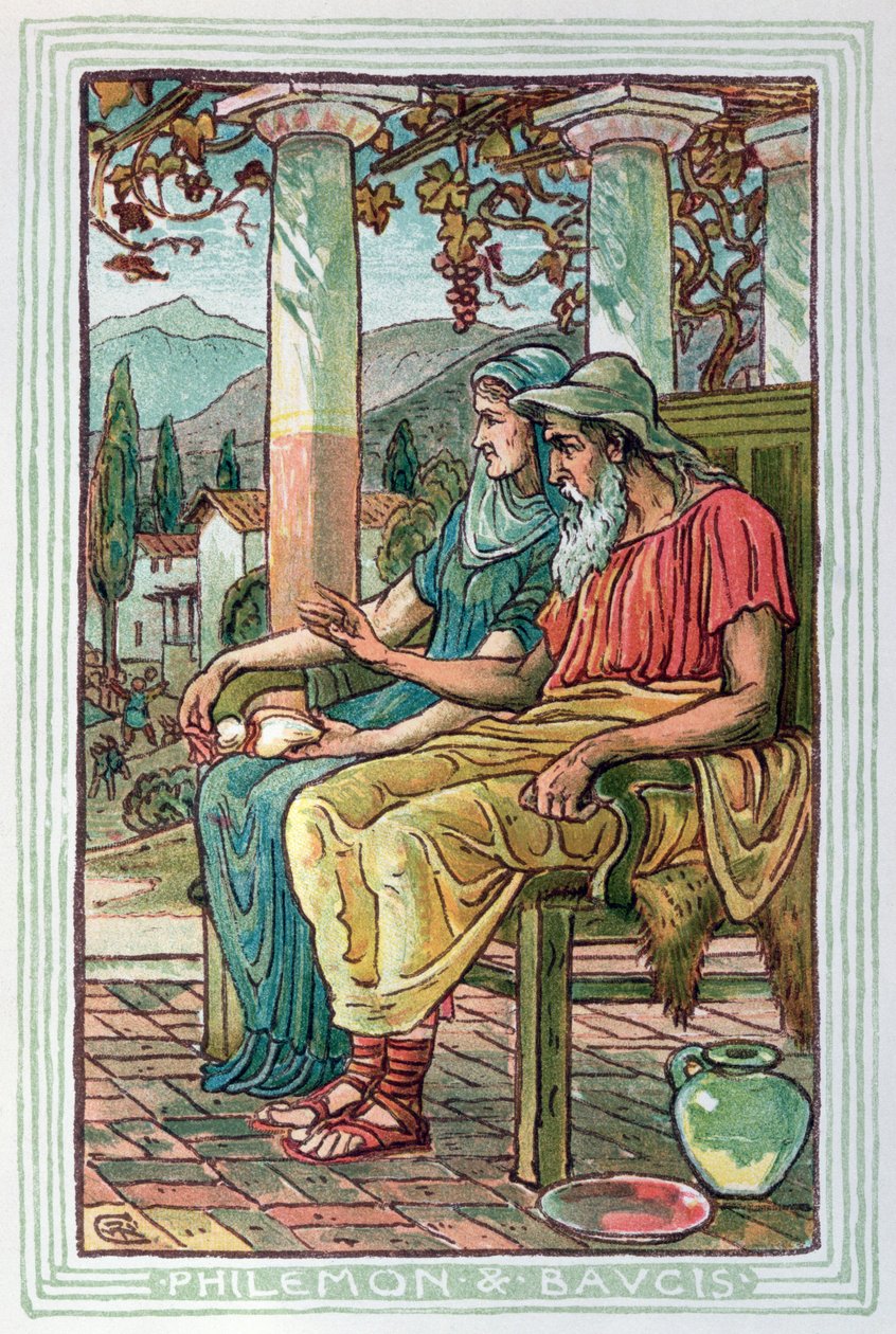 Philemon és Baucis a görög legendákról és mitológiáról szóló könyvből, amelyet 1910-ben adtak ki Londonban alkotó: Walter Crane