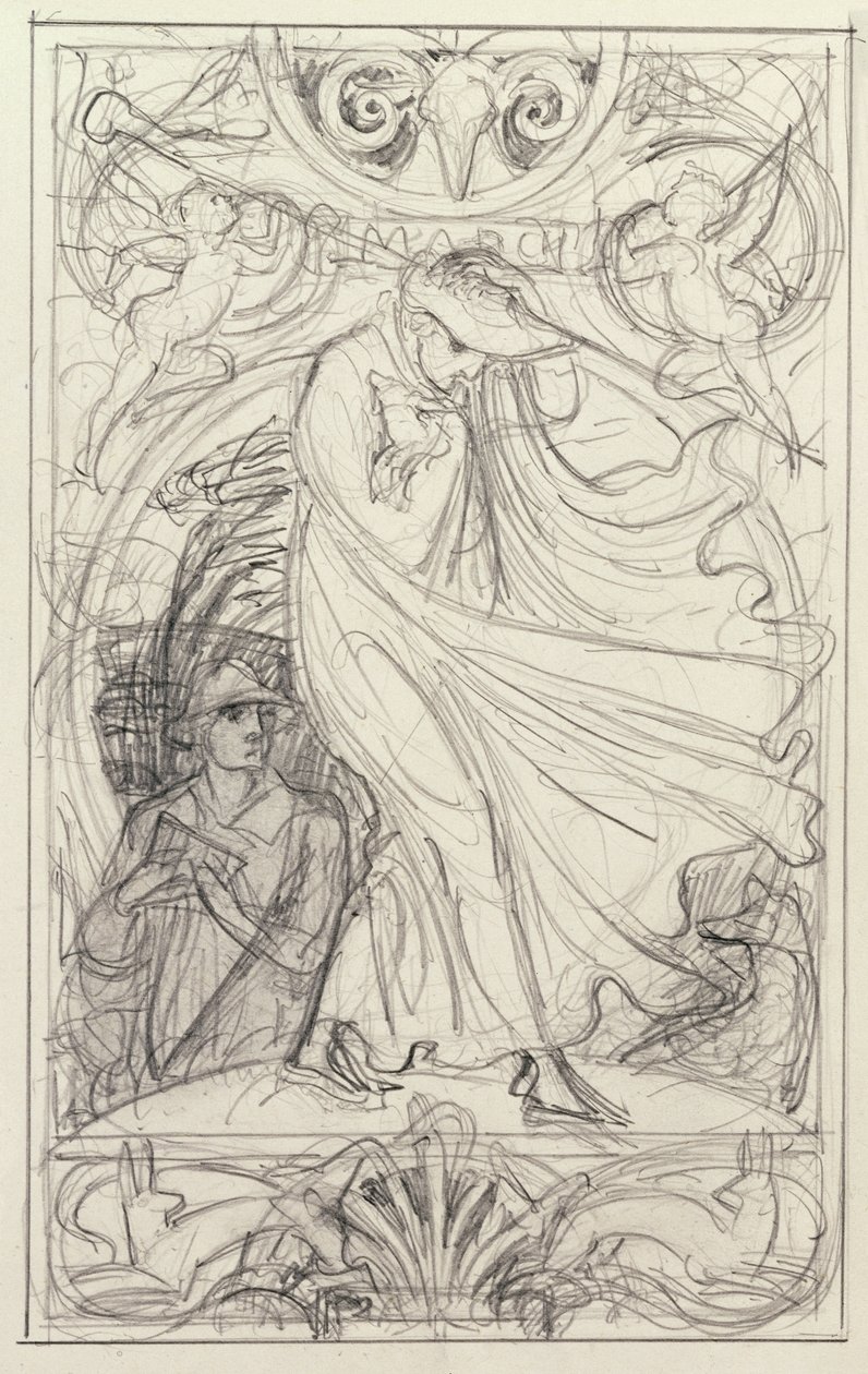Előkészítő rajz egy naptárhoz, 1890 körül (ceruza és toll és tinta mosással papírra) alkotó: Walter Crane