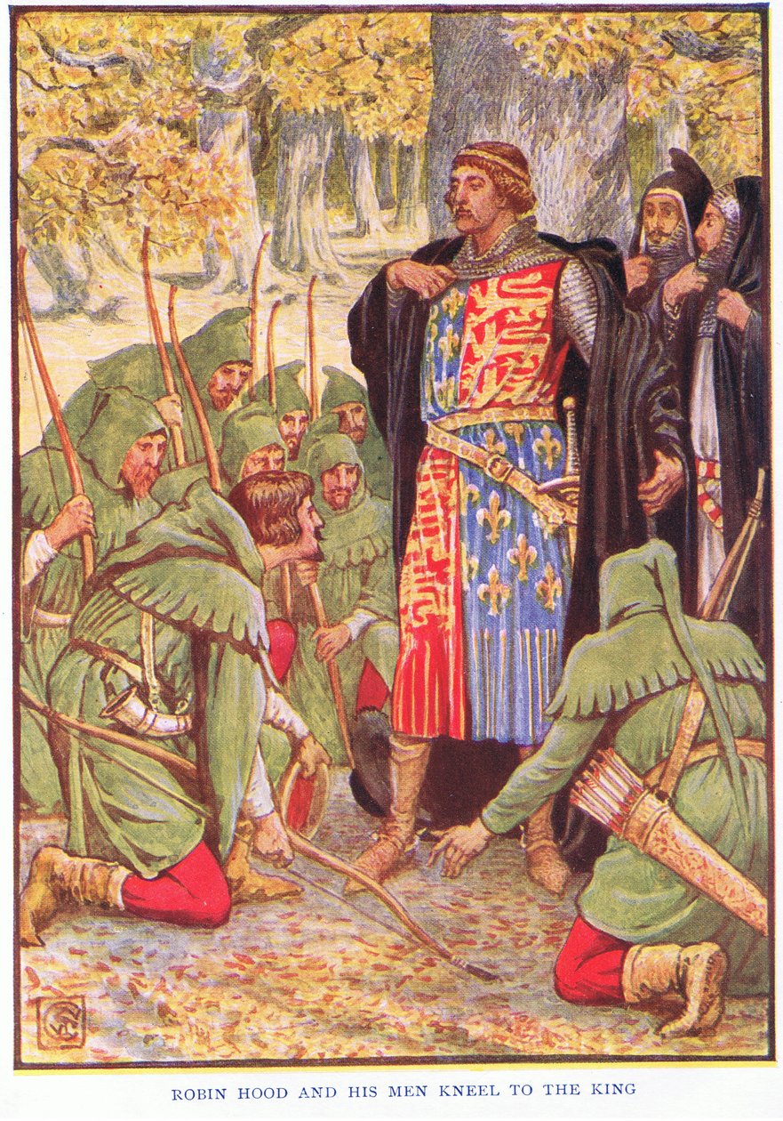 Robin és emberei térdre borulnak a király előtt, 1920 körül. alkotó: Walter Crane