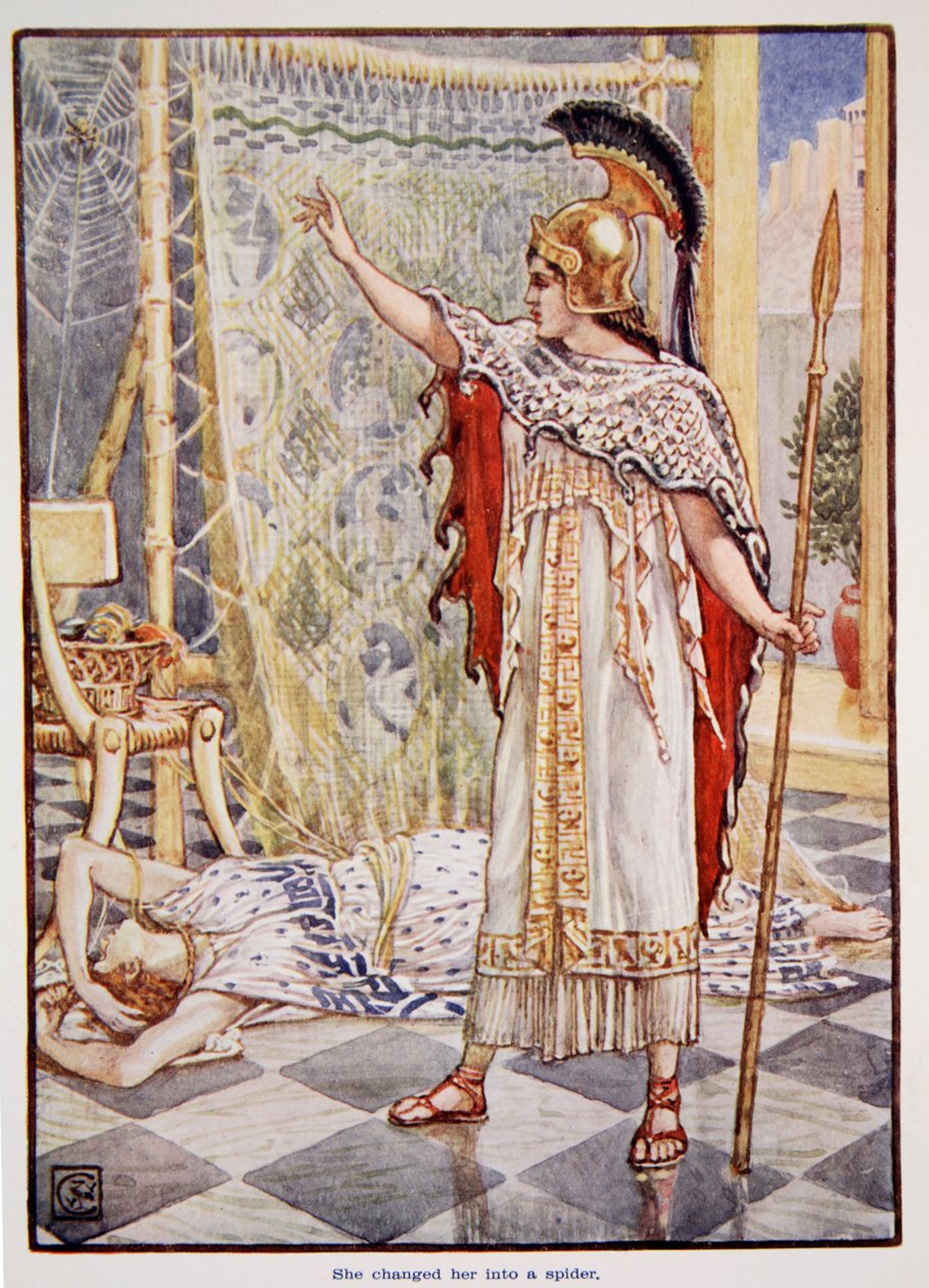 Pókká változtatta, illusztrációja Mary Macgregor „Görögország története”, 1. kiadás, 1913 (színes nyomtatás) alkotó: Walter Crane