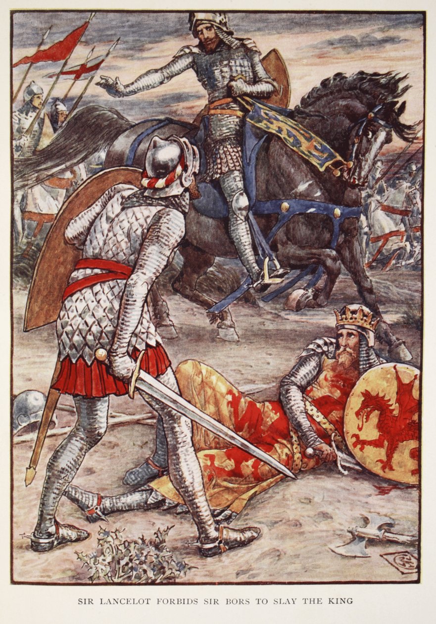 Sir Lancelot megtiltja Sir Borsnak, hogy megölje a királyt, Henry Gilbert „A kerekasztal lovagjai történetei” első kiadása, 1911. alkotó: Walter Crane