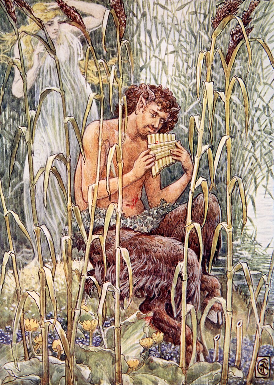 Édes, átható édes volt a Pan pipa zenéje, illusztrációja Mary Macgregor „Görögország története” című művéből, 1. kiadás, 1913 (színes nyomtatás) alkotó: Walter Crane