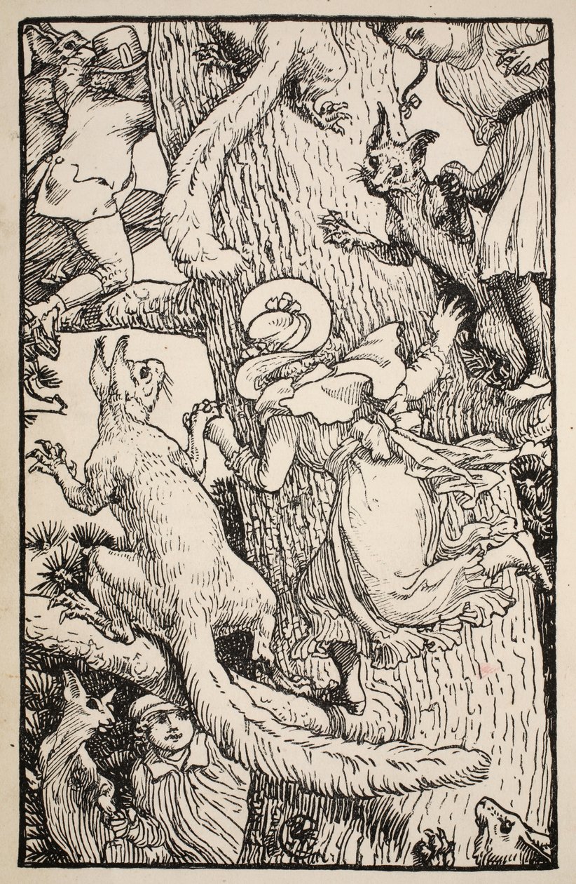 A gyerekek felmásztak a karácsonyfára állatokkal és mindennel, illusztráció a „Mrs Burton Harrison népi és tündérmeséiből”, 1885 alkotó: Walter Crane
