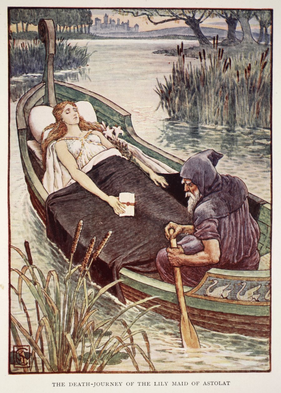 Az asztroláti liliomleány halálos utazása, Henry Gilbert "A kerekasztal lovagjainak történetei" című művéből, első kiadás, 1911. alkotó: Walter Crane