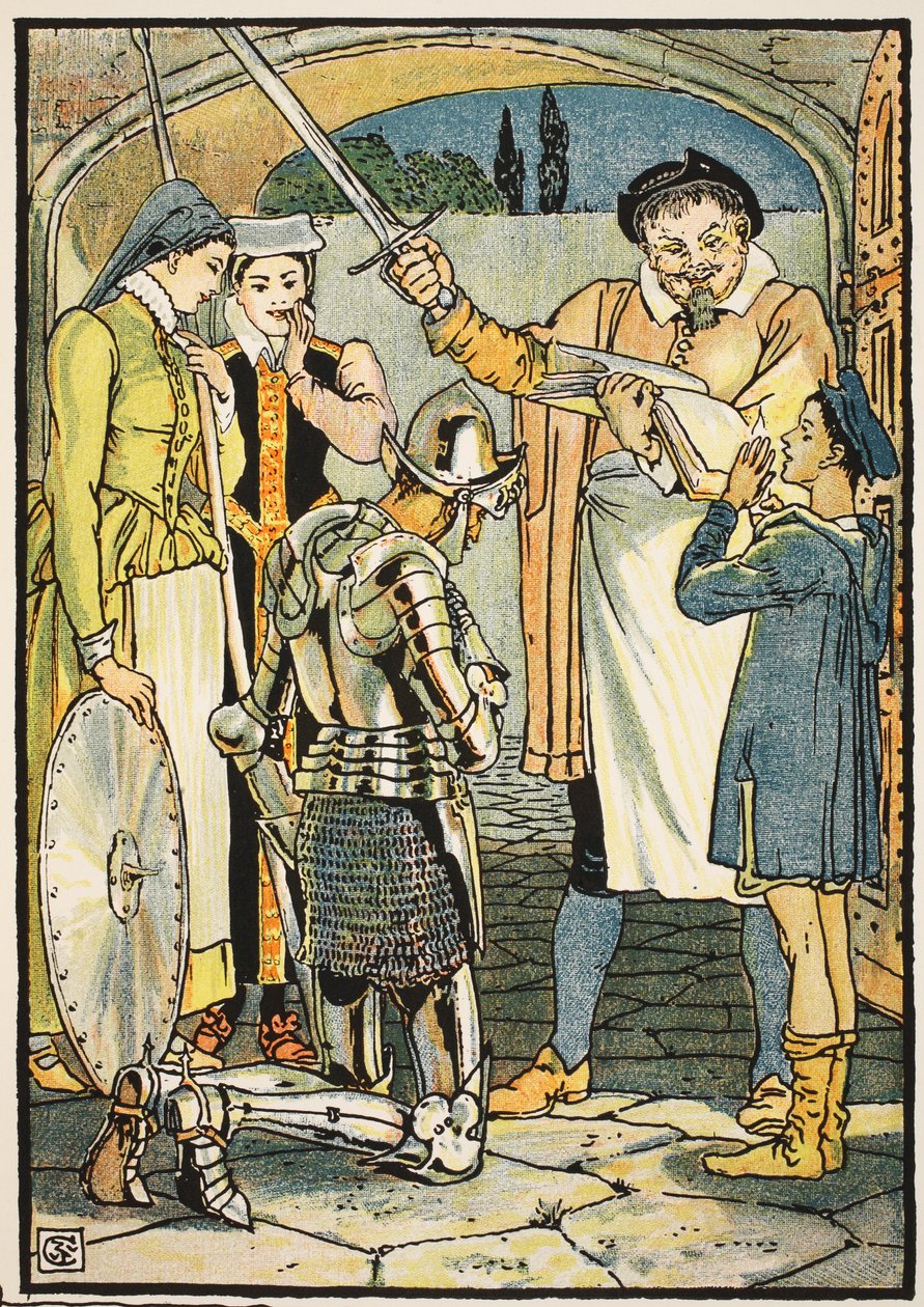 Don Quijote lovaggá ütése, illusztráció a "Don Quijote a Mancha"-ból, amelyet Parry bíró újra elmesélt, pub. Blackie und Son Ltd., London, 1900 alkotó: Walter Crane