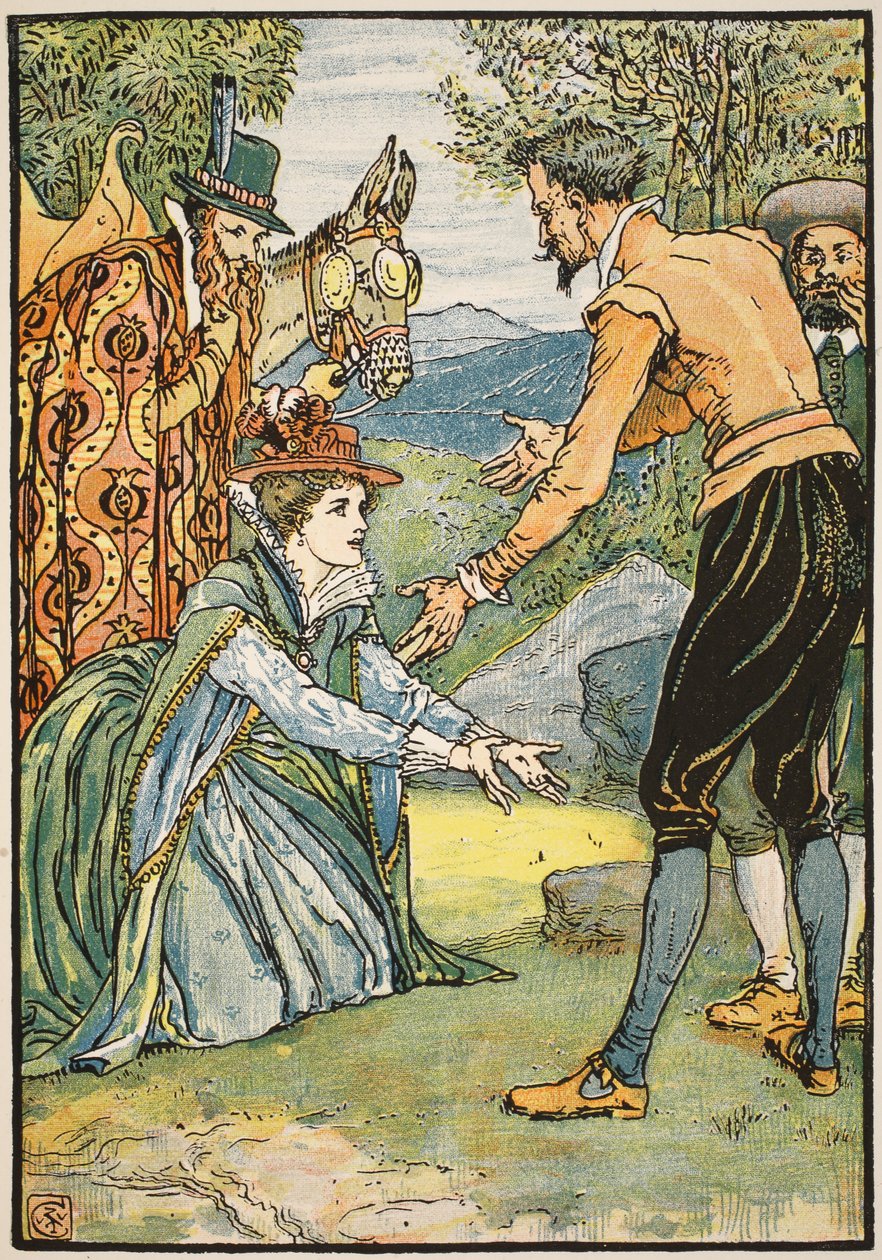 Dorothea és Don Quijote találkozása, illusztráció a "Don Quijote a Mancha"-ból, amelyet Parry bíró újra elmondott, pub. Blackie und Son Ltd., London, 1900 alkotó: Walter Crane