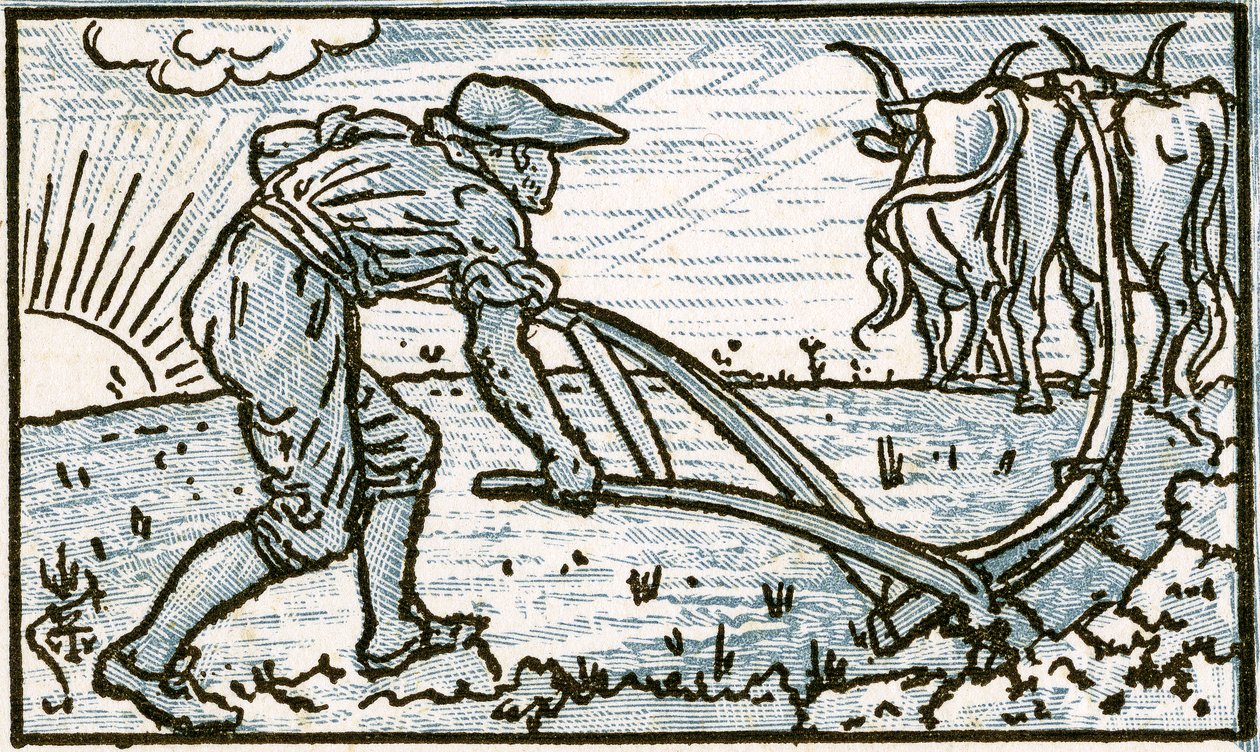 The Ploughman, dalillusztráció a „Ki él olyan vidáman az egész földön” című dalhoz, a „Pan-Pipes”-ből, a Régi dalok könyvéből, Theo újonnan hangszerelve és kísérettel. Marzials, kiadó Londonban, Ge alkotó: Walter Crane