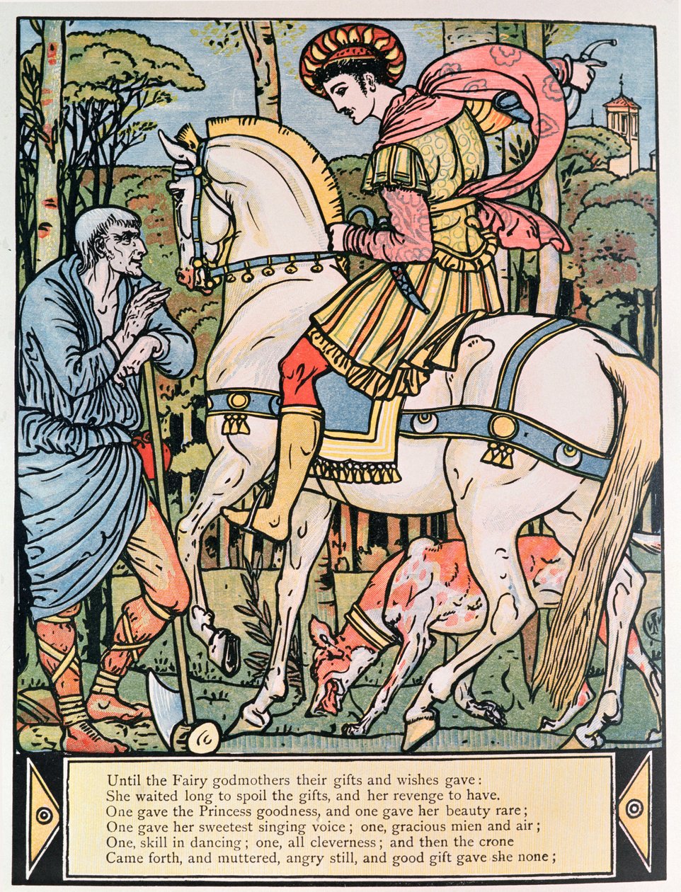 A herceg egy parasztemberrel tanácskozik, Charles Perrault (1628-1703) illusztrációja a Csipkerózsikához (színes metszet). alkotó: Walter Crane