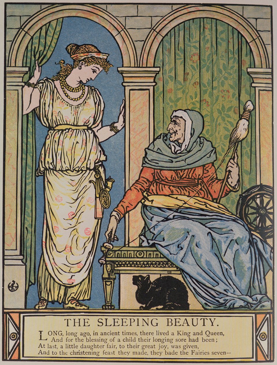 A hercegnő és a forgó vénasszony, Charles Perrault (1628-1703) „Csipkerózsika” című illusztrációja (színes metszet) alkotó: Walter Crane