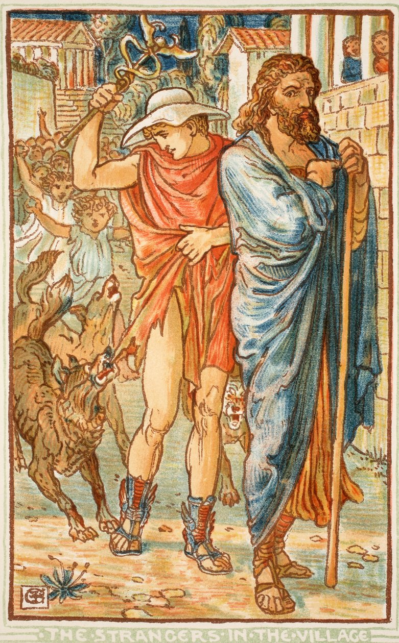 Idegenek a faluban, illusztráció Nathanial Hawthorne „A csodakönyv lányoknak és fiúknak” című művéből, 1852 alkotó: Walter Crane