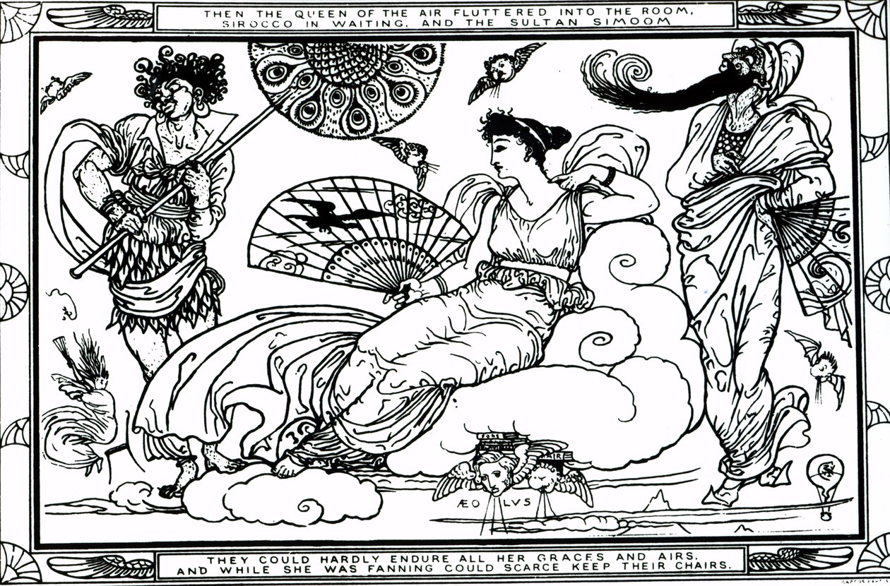 "Aztán a Levegő Királynője beszállt a szobába, Sirocco a Várakozásban és Simoom szultán" alkotó: Walter Crane