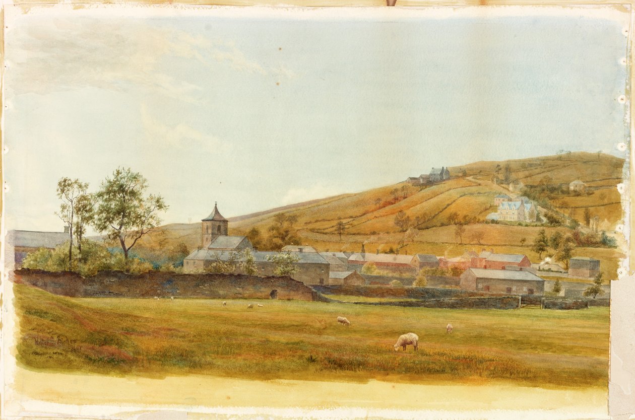 Táj templom és bárány ceruzával és akvarellel, kártyára ragasztott papíron alkotó: Walter Follen Bishop