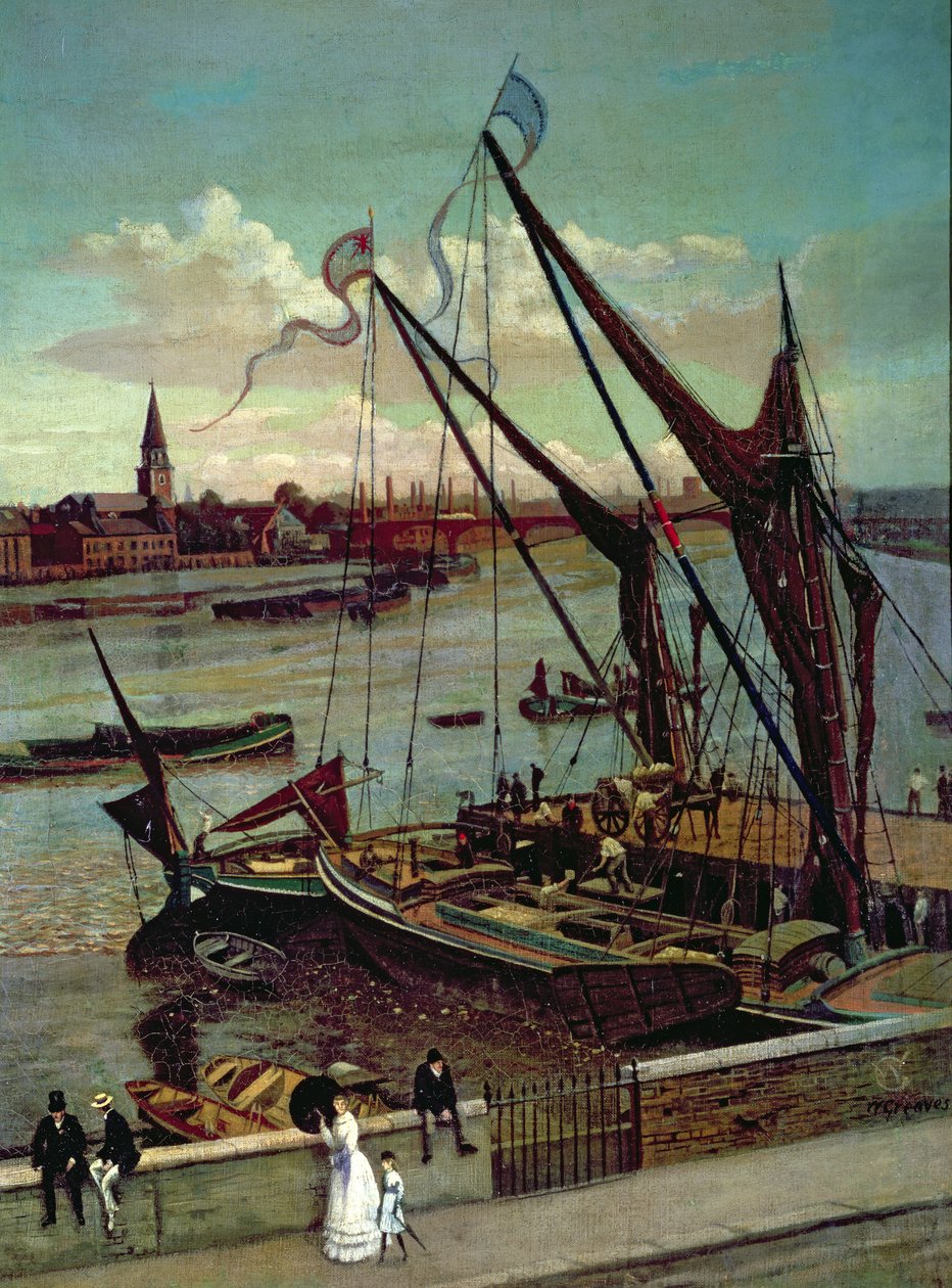 A bárka kirakodása, a Lindsay móló és a Battersea templom, 1860 körül alkotó: Walter Greaves