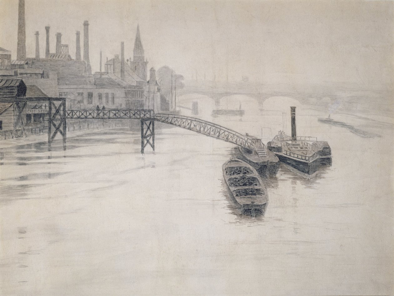 Kilátás a Temzére, a City Stream Company mólójára, a Battersea-i erőműre alkotó: Walter Greaves