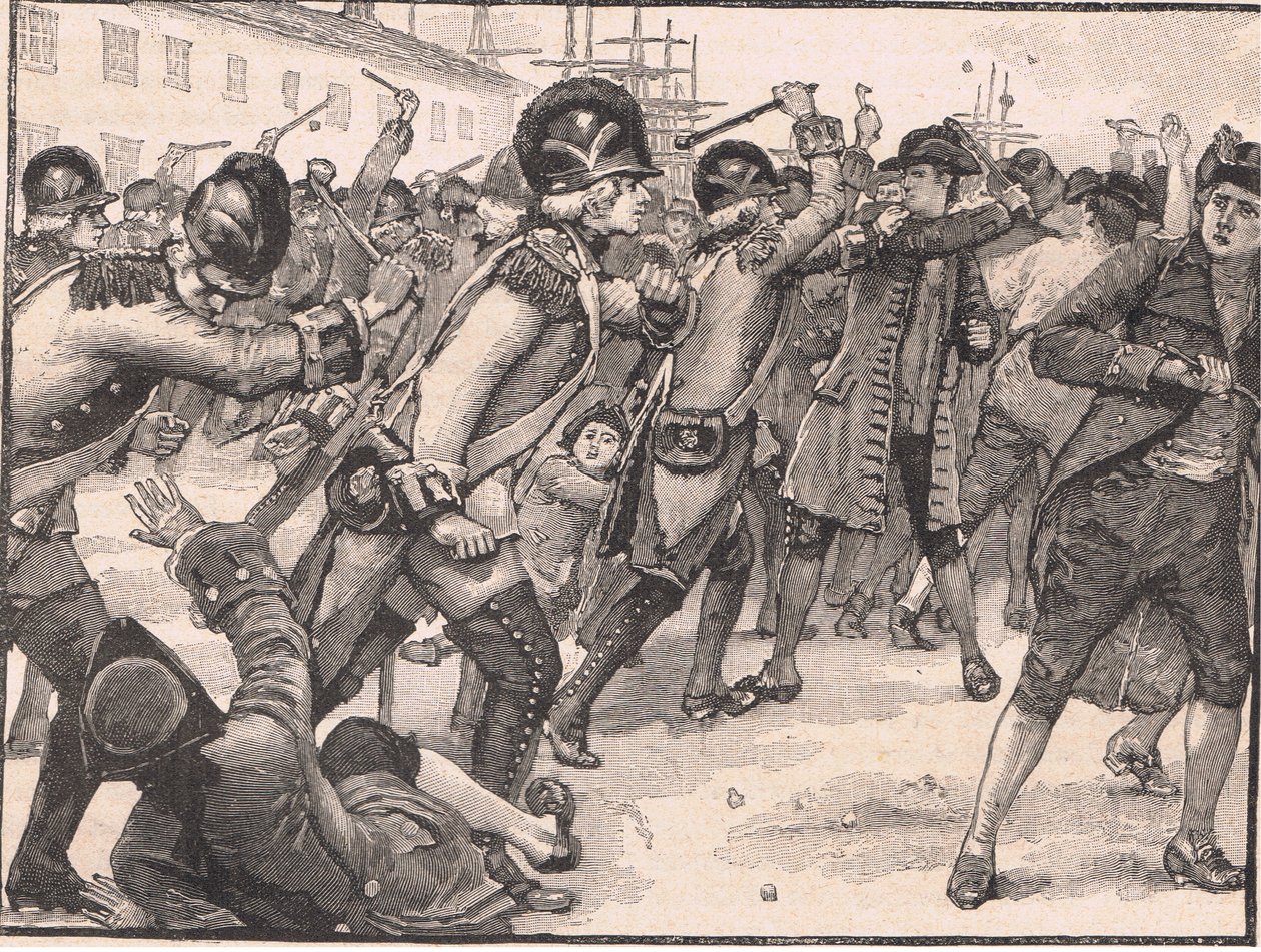 Összecsapás Bostonban a katonák és a kötélgyártók között Kr. u. 1770 alkotó: Walter Paget