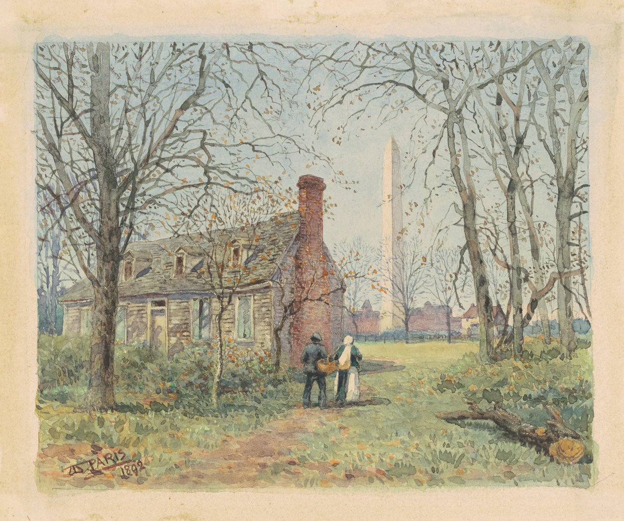 David Burnss Cottage és a Washingtoni emlékmű, Washington D.C., 1892 (akvarell és grafit szőtt papíron) alkotó: Walter Paris