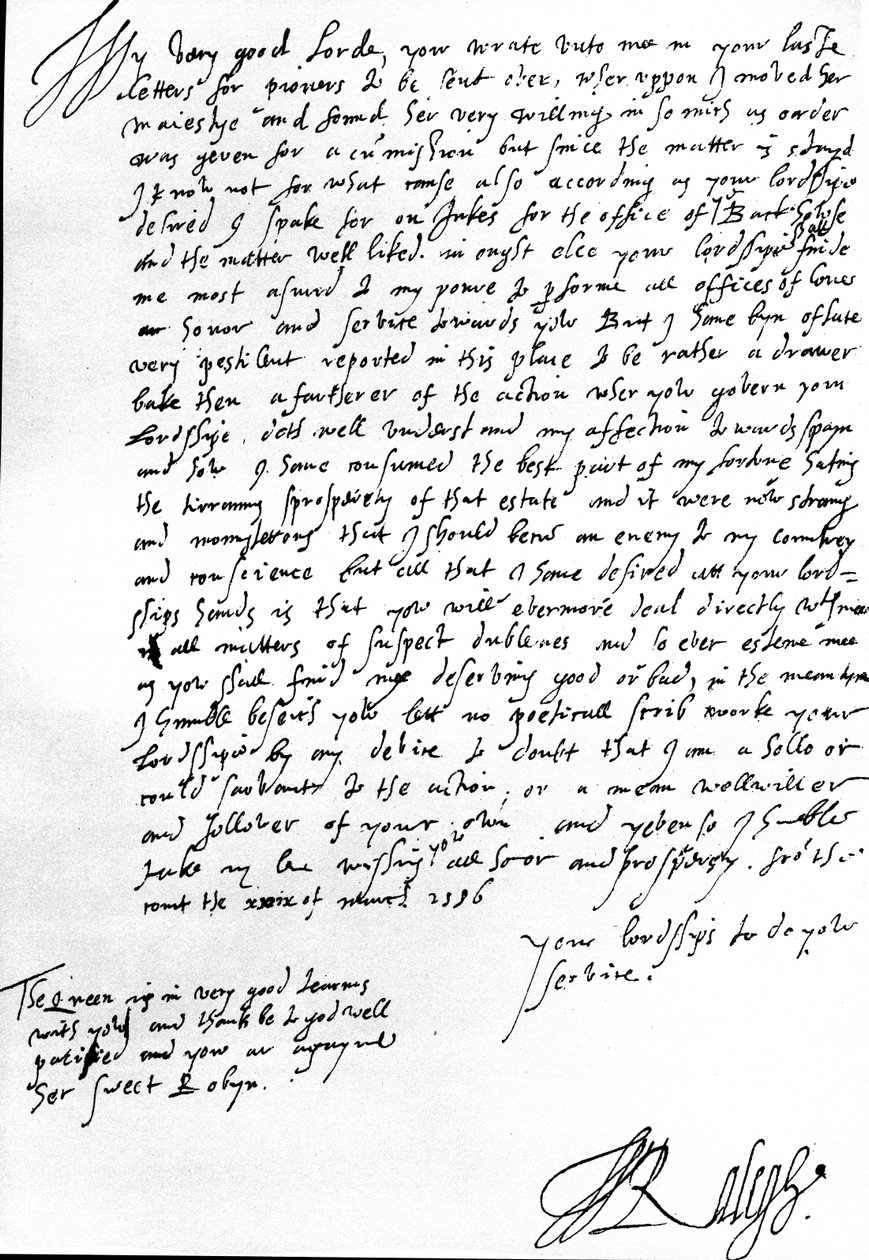 Levél Robert Dudley-nek, Leicester grófjának, Hollandia kormányzójának, azzal a kérésével kapcsolatban, hogy Angliából küldjenek úttörőket, cáfolva Dudley vádját, miszerint Raleigh túlságosan barátságos Spanyolországgal alkotó: Walter Raleigh