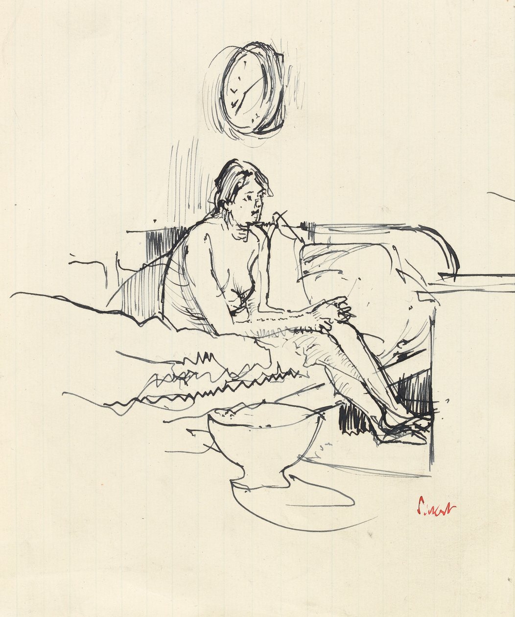 Lány ül egy ágyon (toll és kék tinta a papíron) alkotó: Walter Richard Sickert