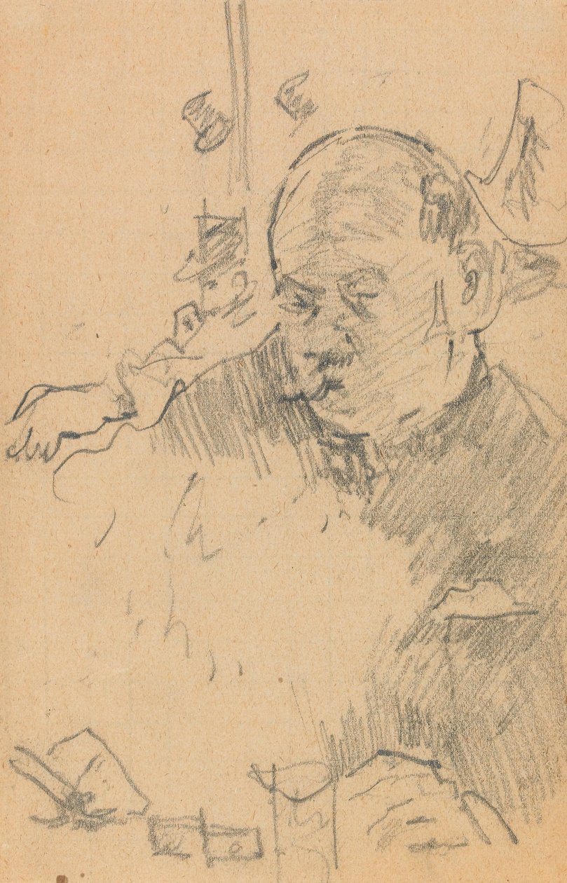 Bajuszos férfi ül, egy bárban iszik két másik kalapos férfival (grafit papíron) alkotó: Walter Richard Sickert