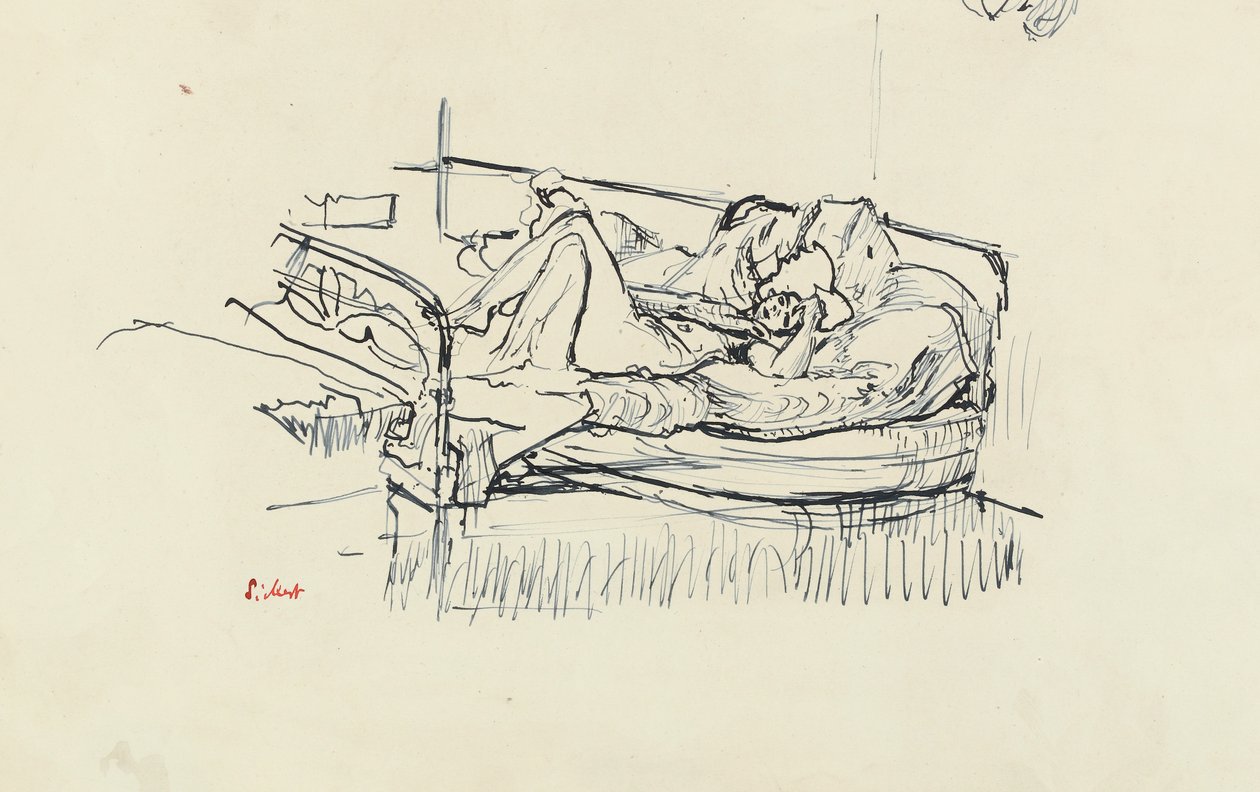 Ágyon fekvő akt (toll és kék tinta a papíron) alkotó: Walter Richard Sickert
