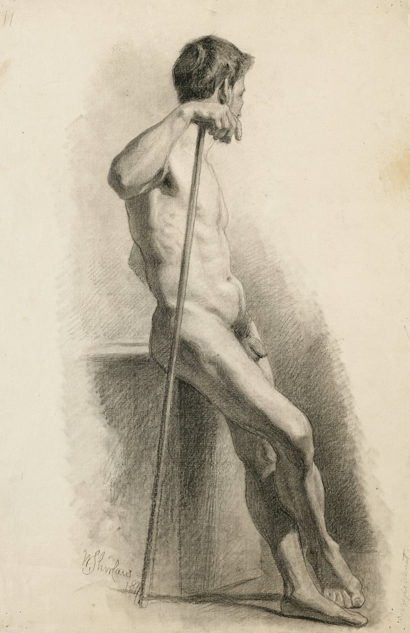 Tanulmány egy férfi aktról bottal, oldalnézetből, 1871 (szén, sima papíron) alkotó: Walter Shirlaw
