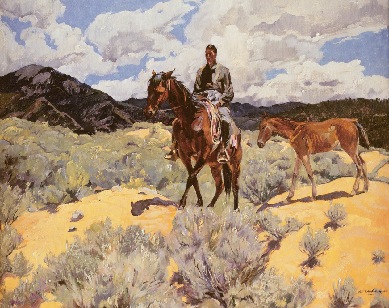 Indián lóháton Colttal, 1930 körül alkotó: Walter Ufer