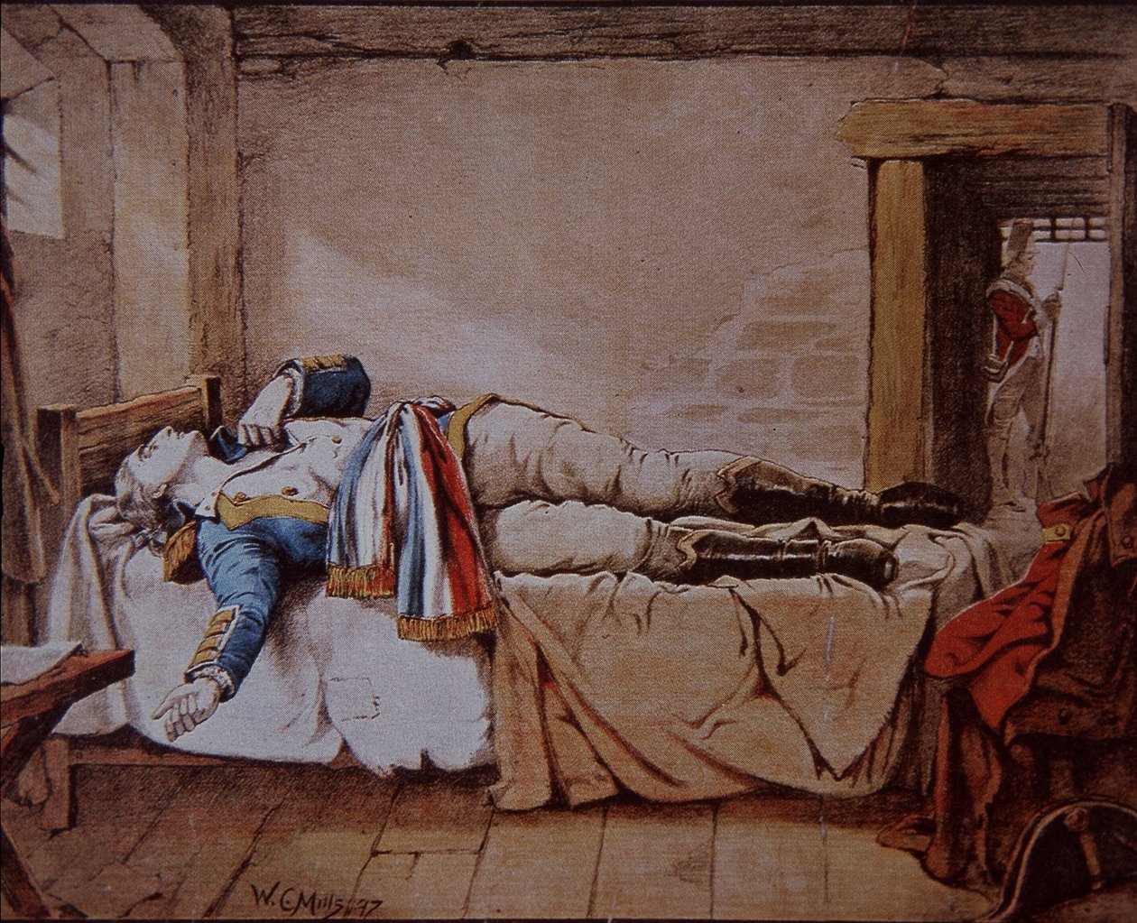 Theobald Wolfe Tone, az Egyesült Ír Emberek Társaságának alapító tagja öngyilkosságot követ el, ahelyett, hogy a britek felakasztanák az Írország elleni tervezett francia invázióban való részvétele miatt 1798-ban. alkotó: Walter Charles Mills