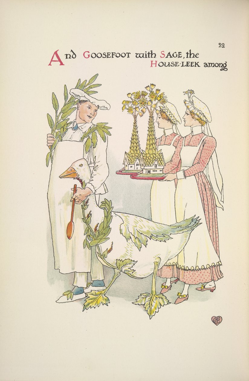 Egy szakács a kezében egy libát. Két tálcát cipelő hölgy alkotó: Walter Crane