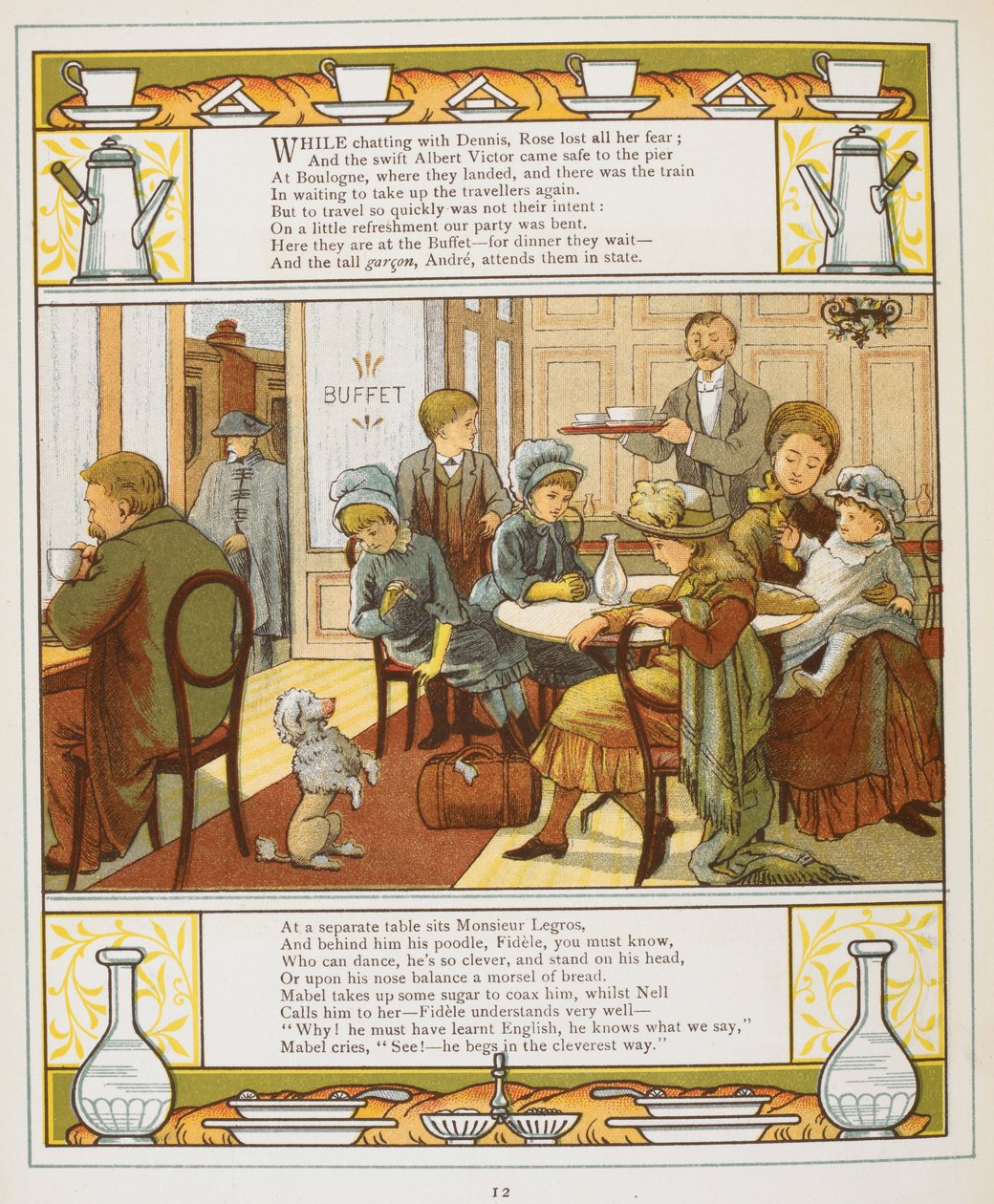 Egy család frissítőt fogyaszt a büfében. Színes illusztráció a külföldről. alkotó: Walter Crane