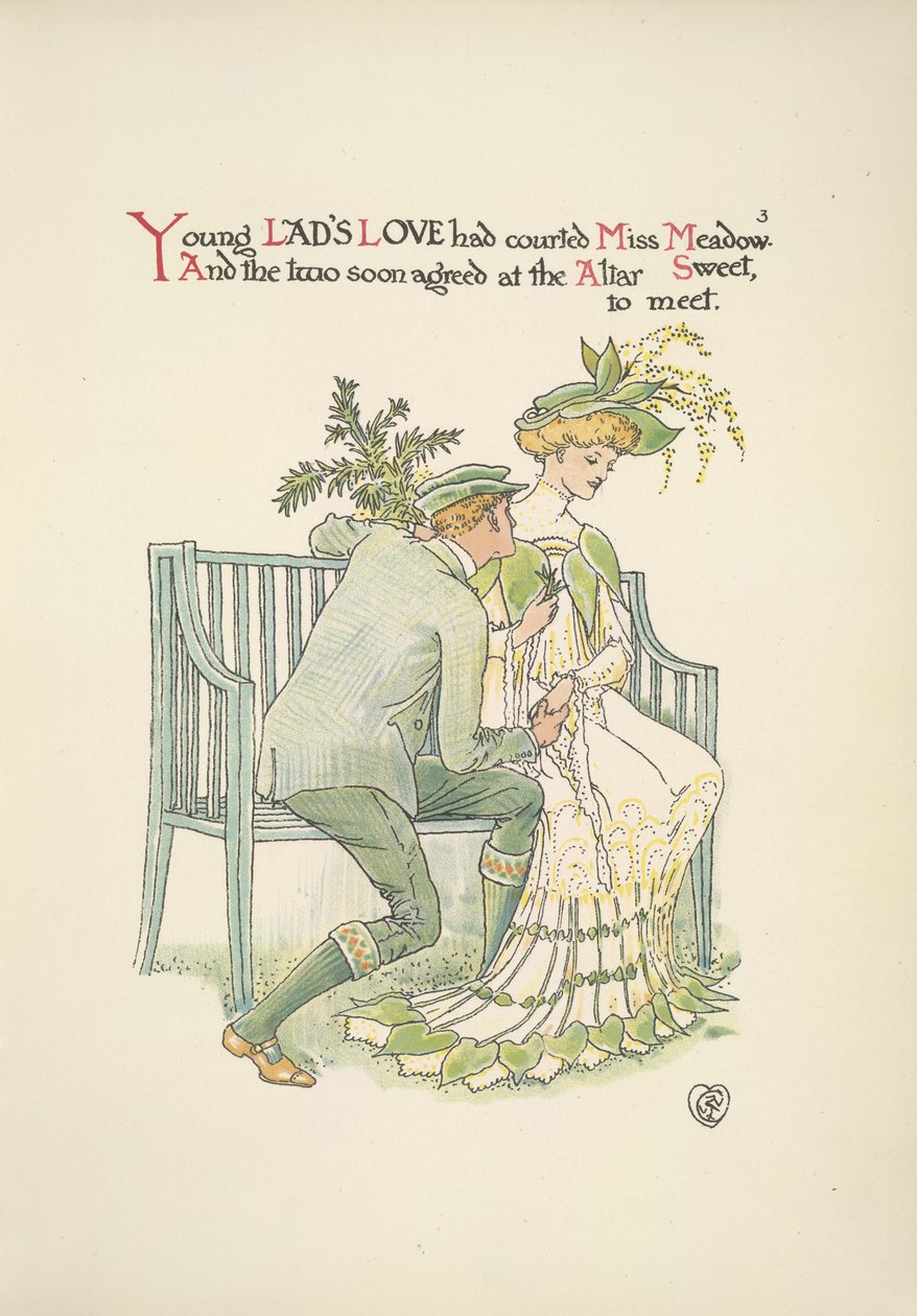 Egy fiatal férfi udvarol egy fiatal nőnek, Miss Meadownak alkotó: Walter Crane