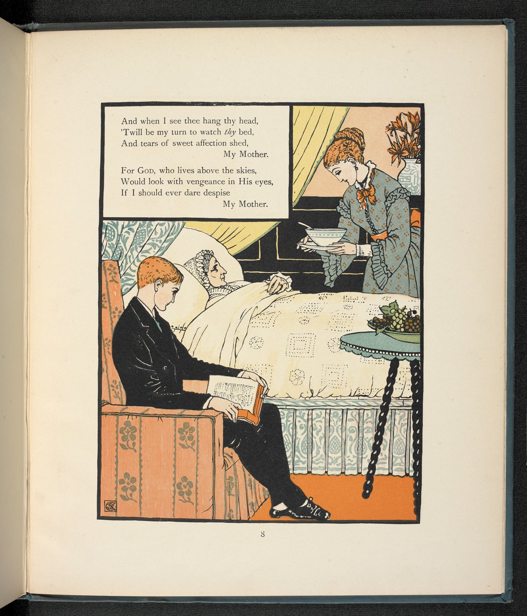 Egy fiatal férfi ülte az anyját, aki ágyban van, és levessel etetik. alkotó: Walter Crane