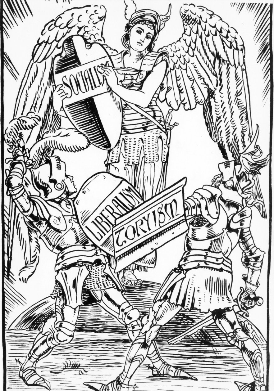Walter Crane allegóriája: A szocializmus keményen diadalmaskodik a liberalizmus és a torizmus (Angol Konzervatív Párt) között. Metszet a 19. század végéről. alkotó: Walter Crane